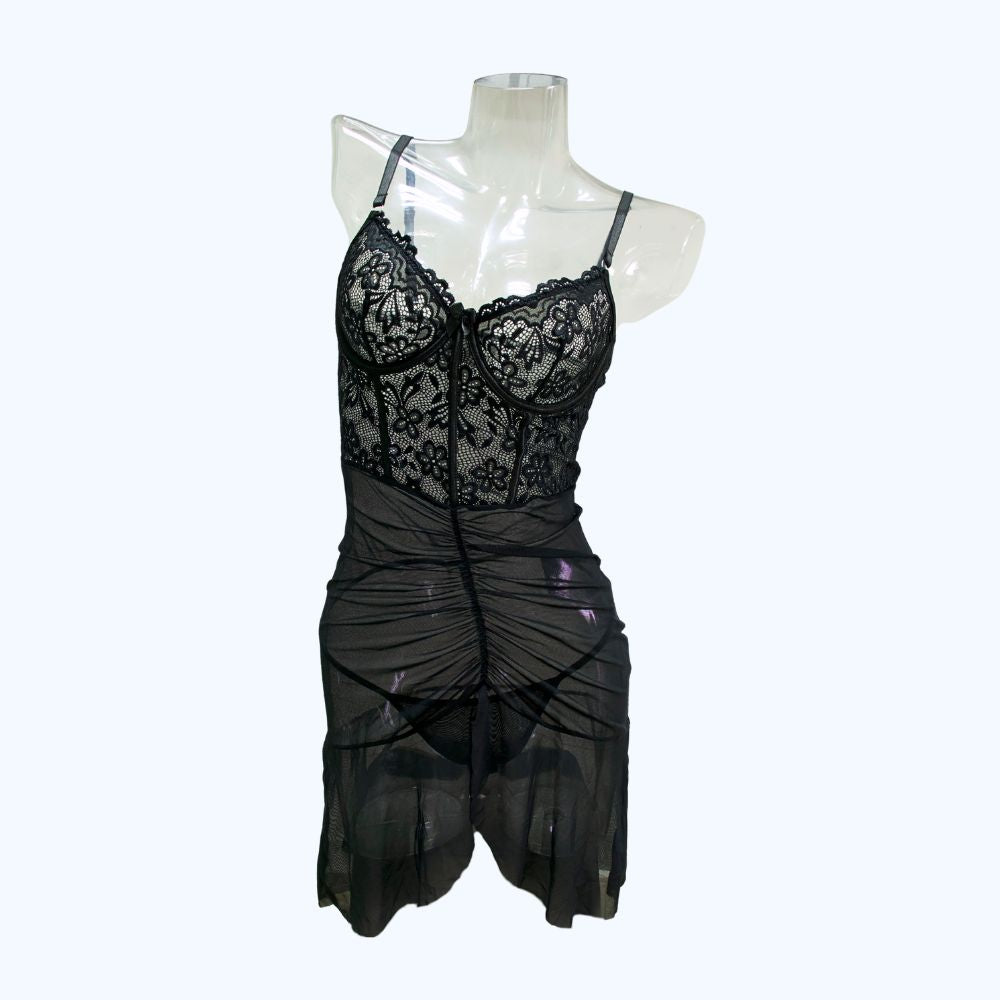 BABY DOLL DE ENCAJE FLORAL Y MESH 4498