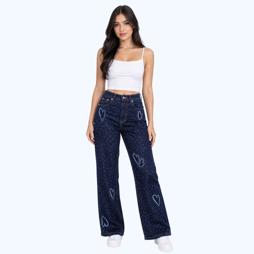 JEANS CON DETALLES DE PEDRERÍA Y CORAZONES LV5313