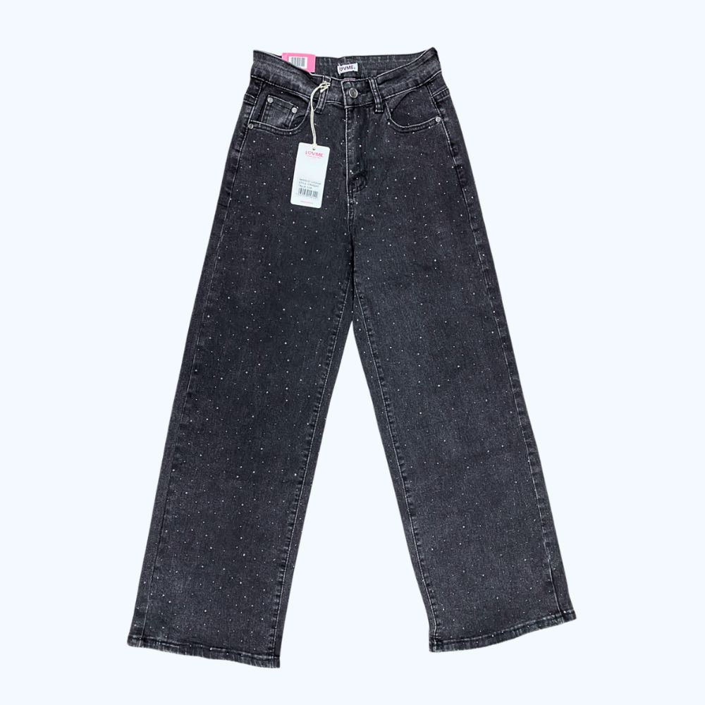 JEANS RECTO DESVALADO NEGRO DETALLES DE PEDRERÍA LV5314