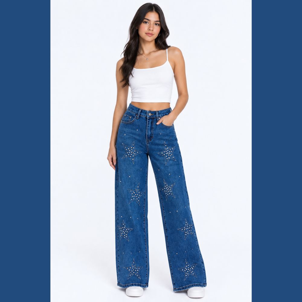 JEANS DETALLES DE PEDRERÍA FORMA DE ESTRELLAS LV5320