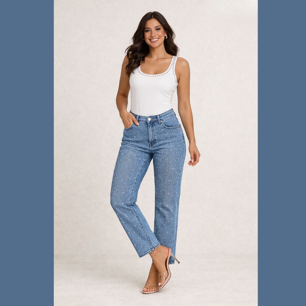 JEANS RECTOS CON PEDRERÍA MUY BRILLANTE LV5267