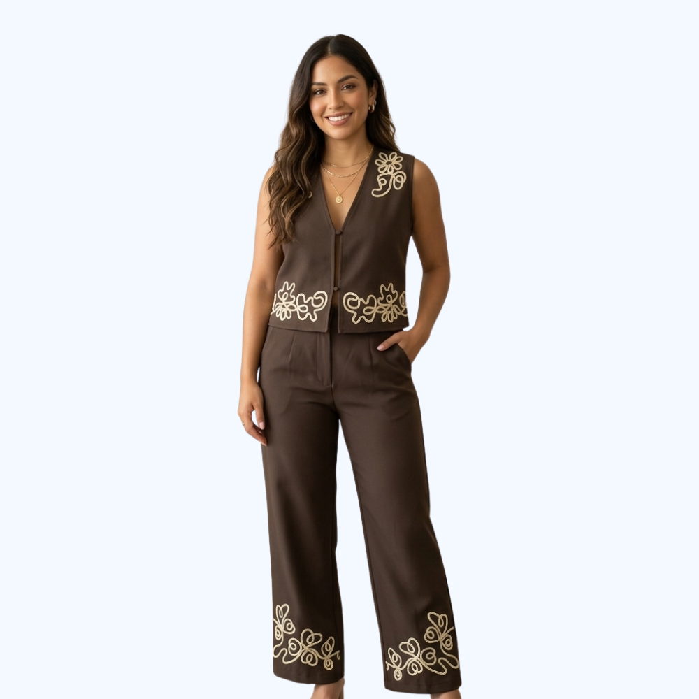 CONJUNTO BORDADO DE CHALECO Y PANTALÓN LV12285