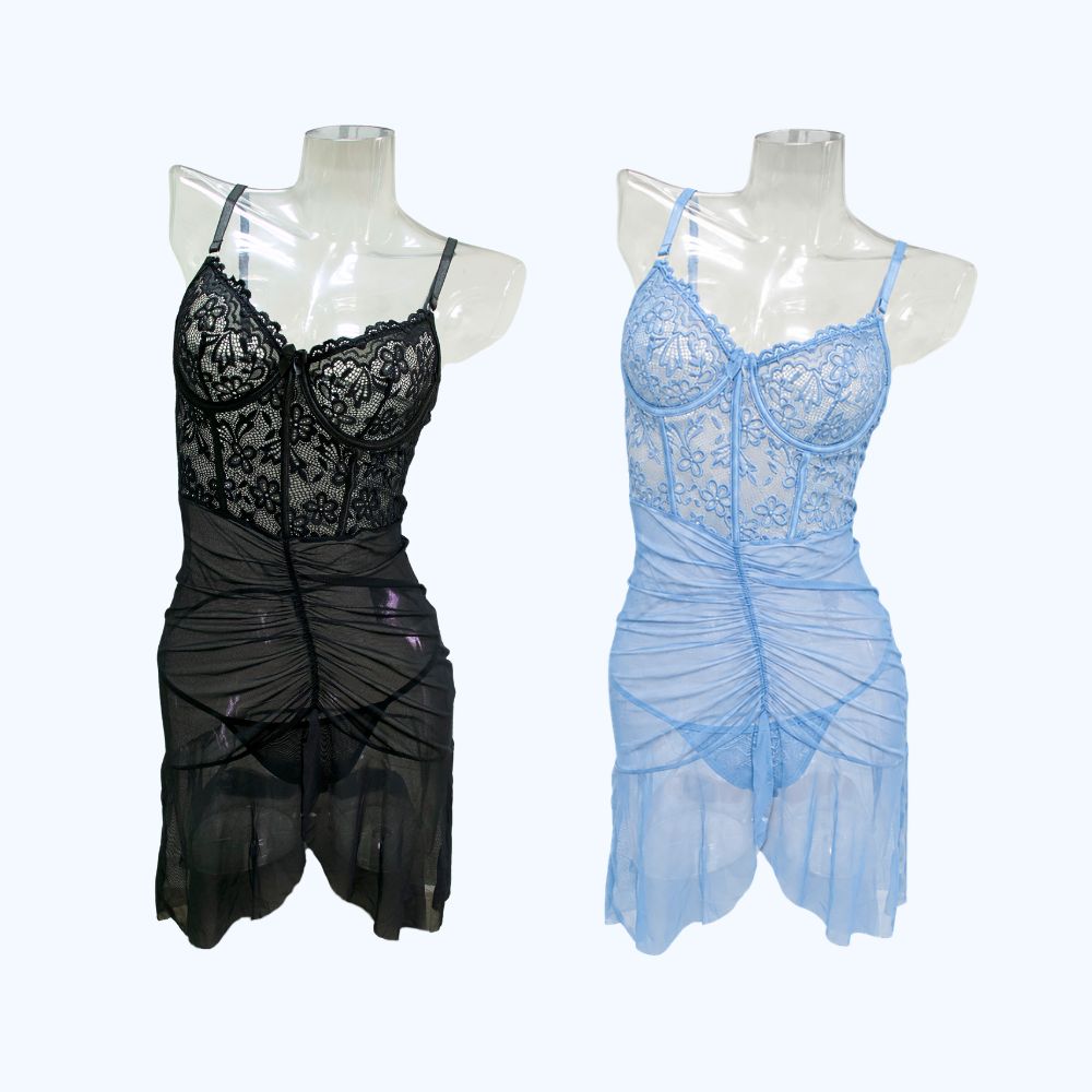 BABY DOLL DE ENCAJE FLORAL Y MESH 4498