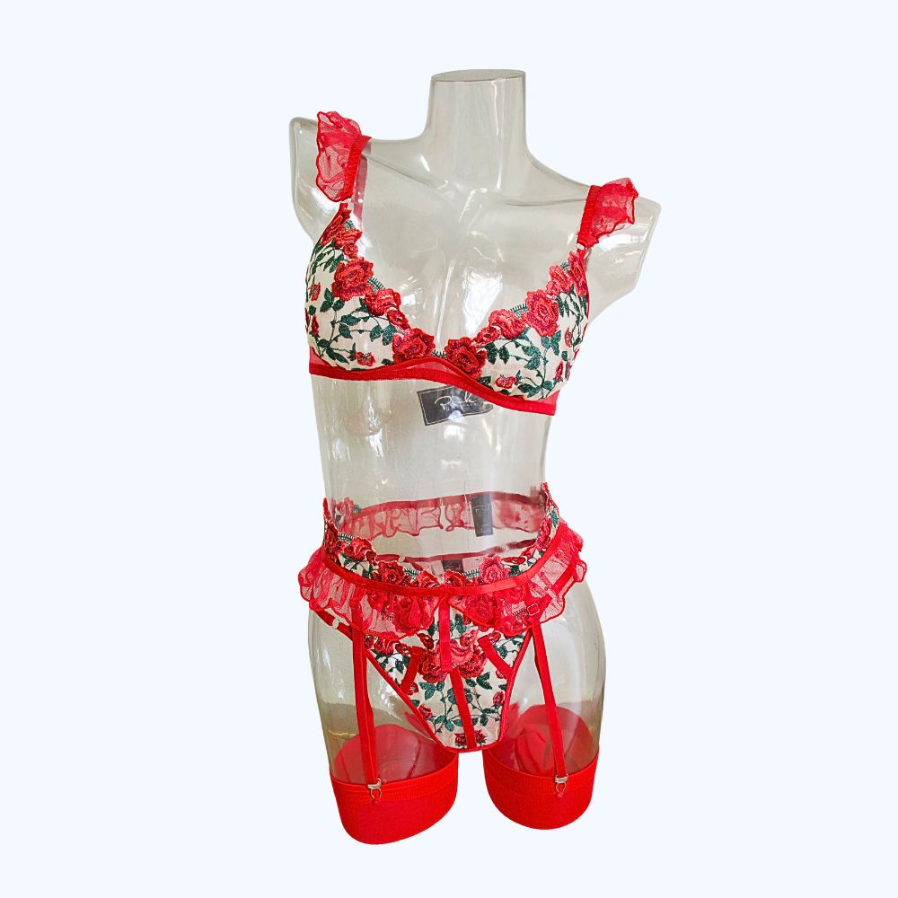 COORDINADO CON BORDADOS DE FLORES ROJAS 4533
