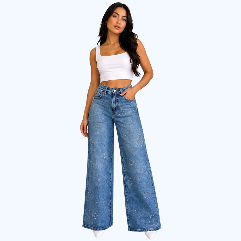 JEANS WIDE LEG FIGURAS DE PEDRERÍA LV5165