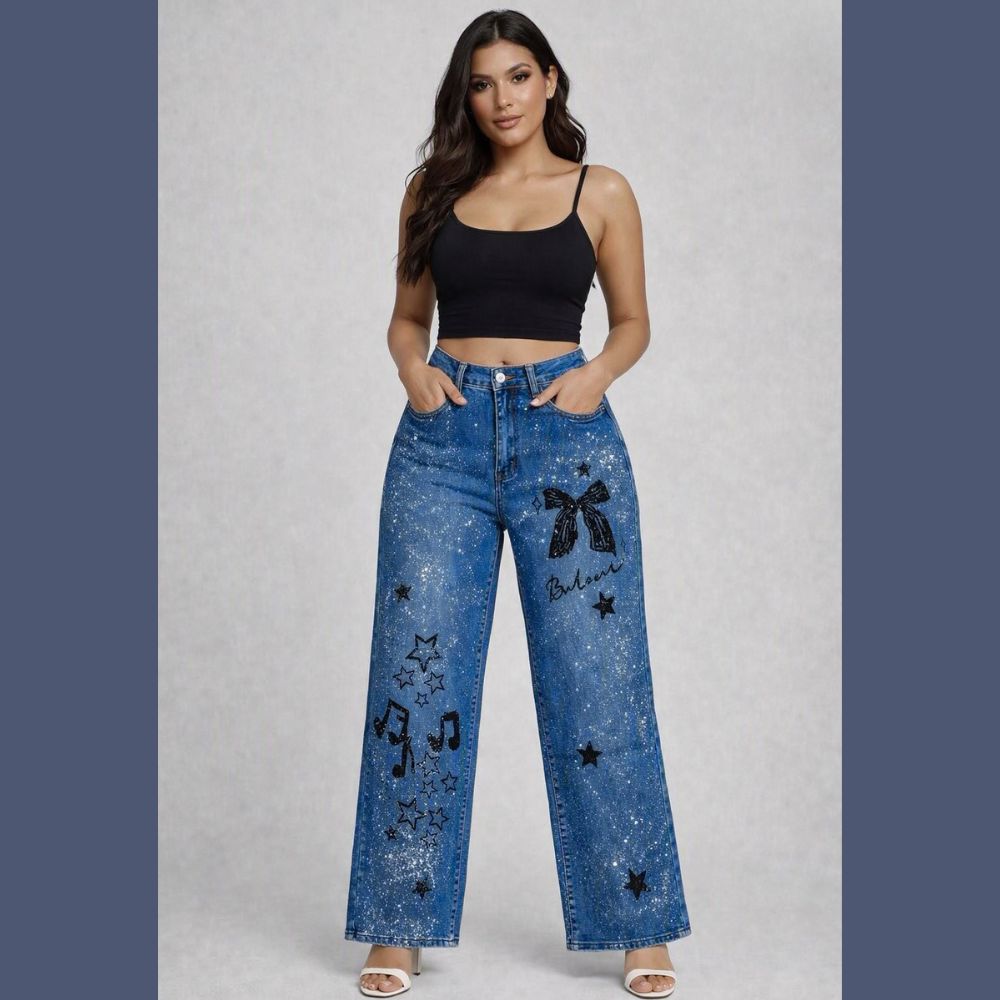 JEANS RECTO GLITTER DE ESTRELLAS Y ESTAMPADO LV5306