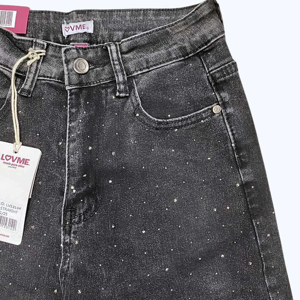 JEANS RECTO DESVALADO NEGRO DETALLES DE PEDRERÍA LV5314