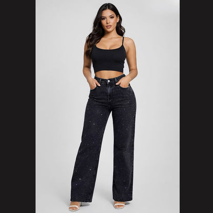 JEANS RECTO DESVALADO NEGRO DETALLES DE PEDRERÍA LV5314
