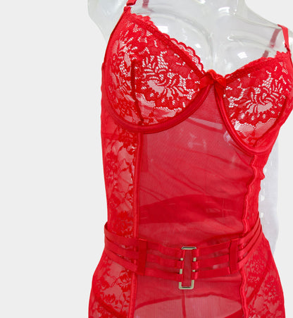 BABY DOLL ROJO MESH Y ENCAJE 4413