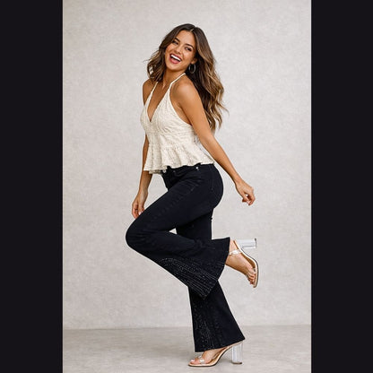JEANS ACAMPANADO NEGRO C/PEDRERÍA LV5205