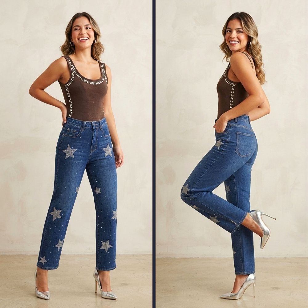 JEANS RECTO PEDRERÍA CON ESTRELLAS LV5334