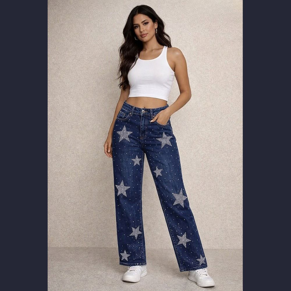 JEANS RECTO PEDRERÍA CON ESTRELLAS LV5334