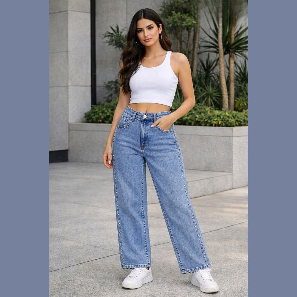 JEANS RECTO CON ESTOPEROLES PLATEADO LV5322