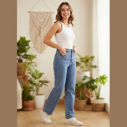 JEANS RECTO CON ESTOPEROLES PLATEADO LV5322