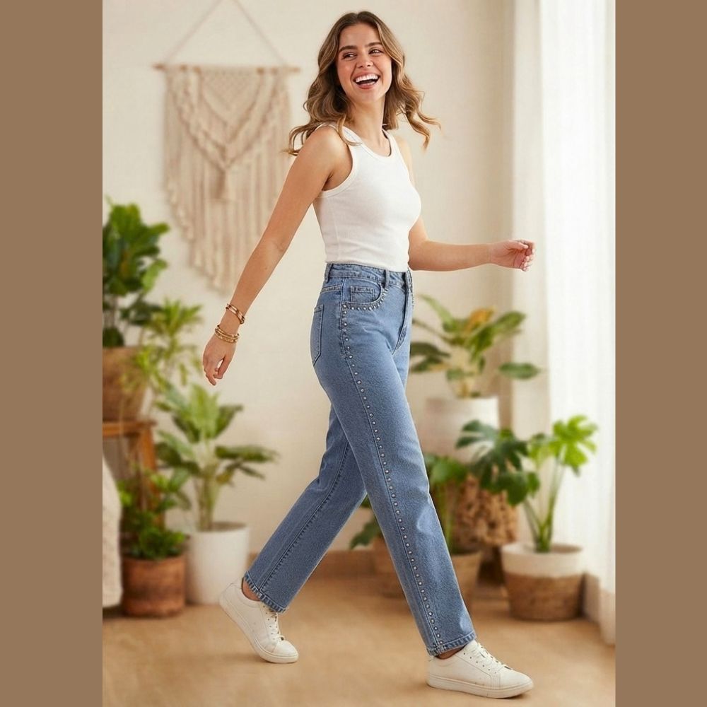 JEANS RECTO CON ESTOPEROLES PLATEADO LV5322