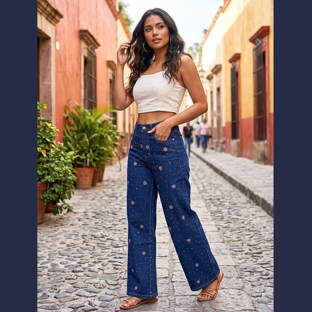 JEANS DETALLES DE PEDRERÍA Y BORDADO DE ROSAS LV5261